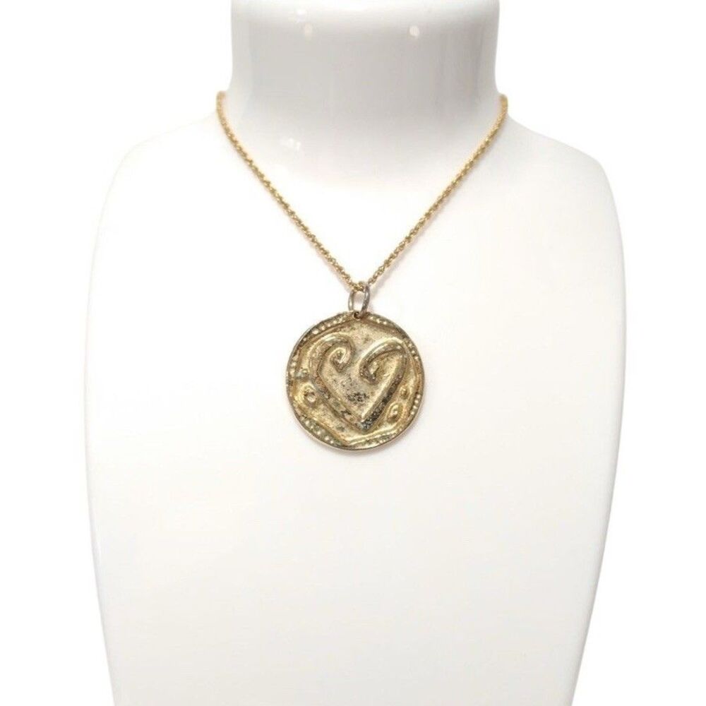 1928 Gold Tone Heart Medallion Pendant Necklace Disc Long Chain Vtg Fairy ND1